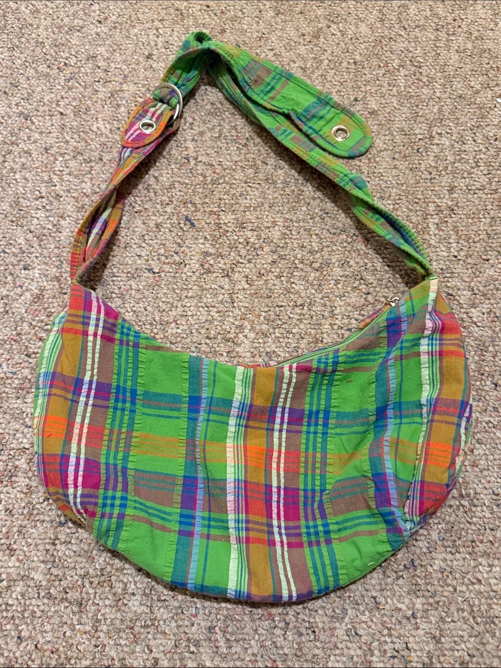 Green Plaid Sesrsucker Hobo Shoulder Bag - Handcrafted ;Unbranded